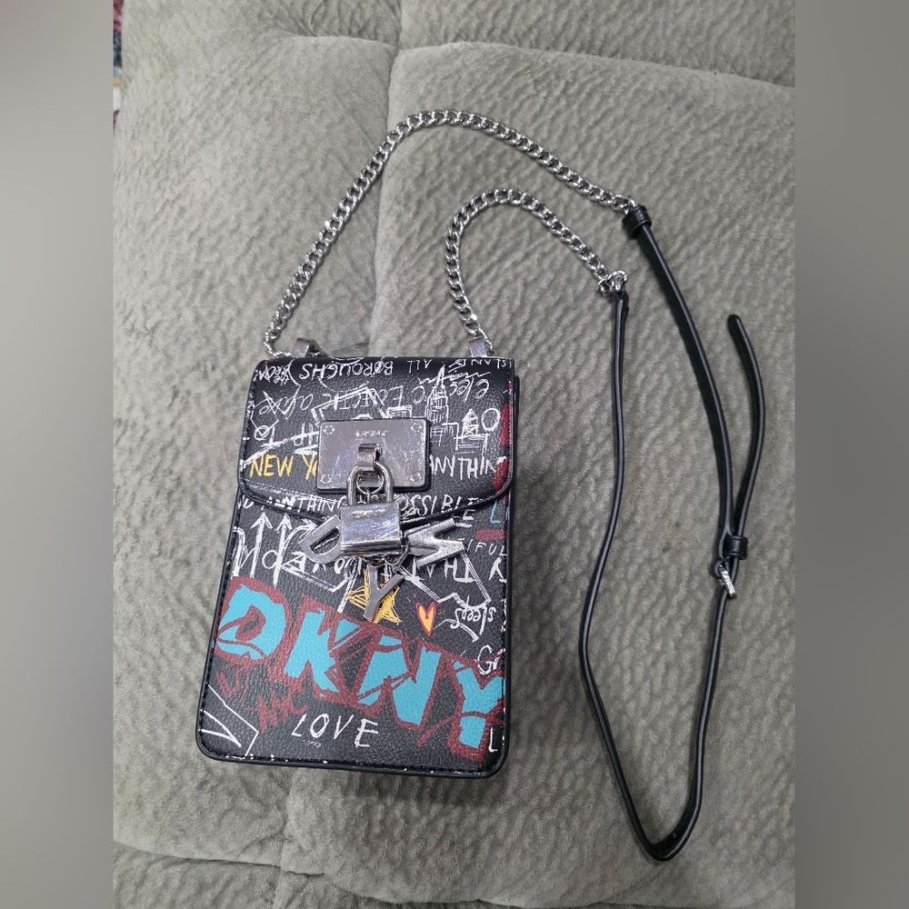 DKNY Tilly Graffiti Crossbody Bag with Chain Strap & Charm Lock Detail